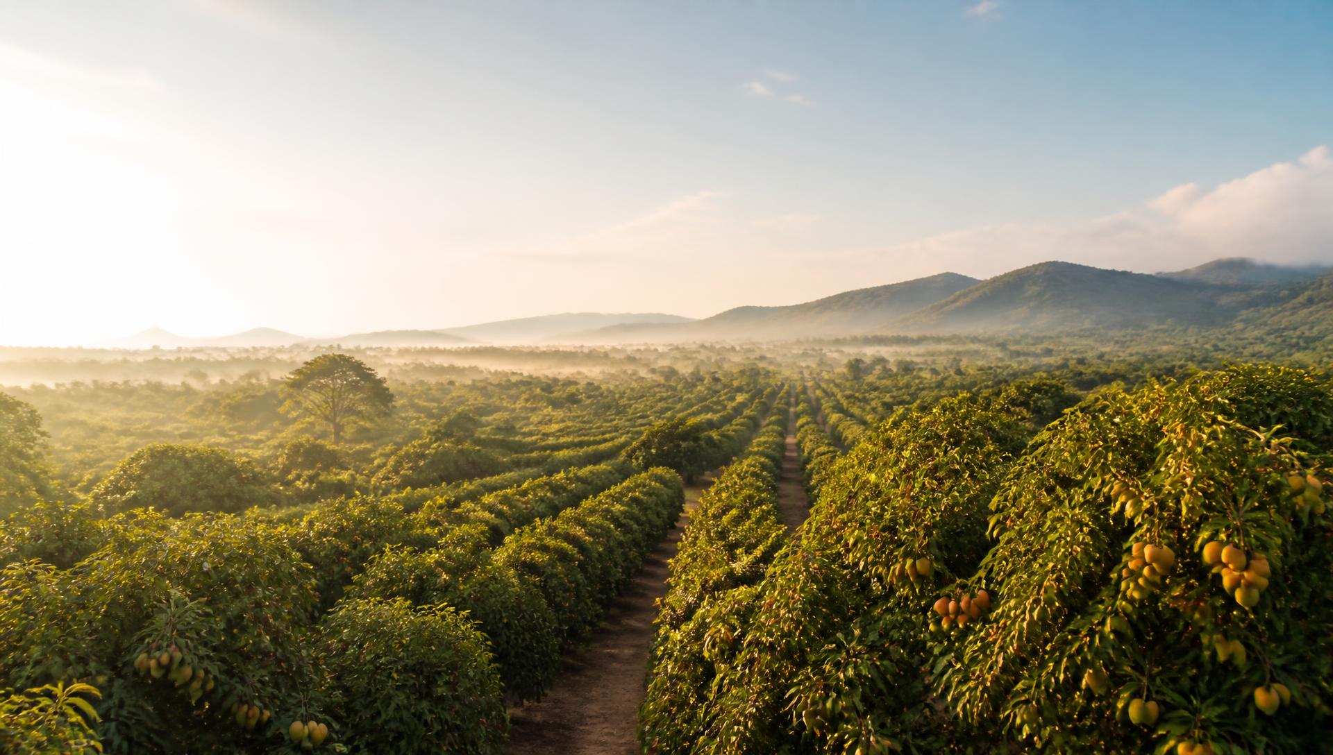 Aerial view of the JOETEX GLOBAL mango plantation in Somanya, Ghana at golden hour